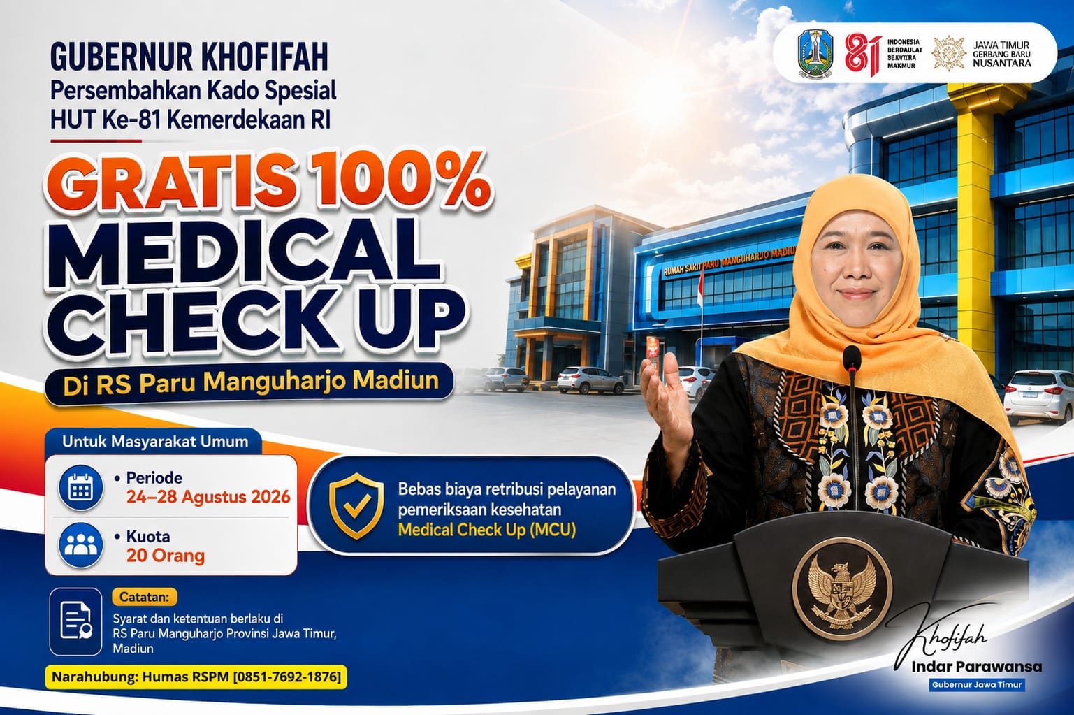 Khofifah Indar Parawansa memberikan program MCU gratis di Jawa Timur
